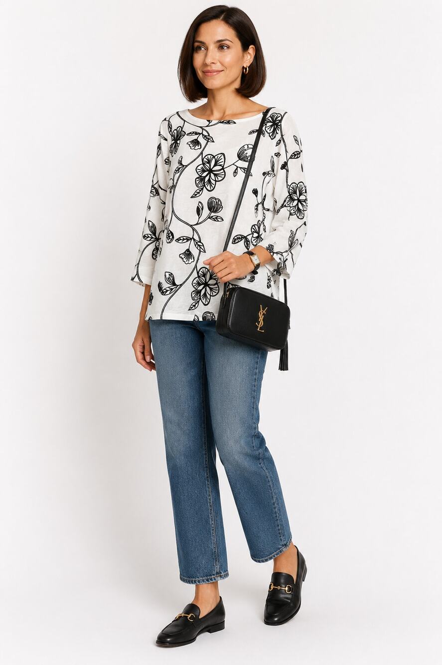 Kindred Embroidered Floral Tunic Blouse M White Black Boho Cottagecore Top